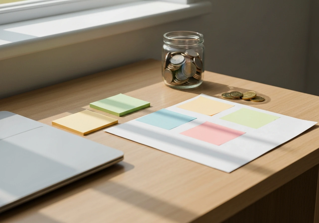 Minimal desk scene with a laptop, scattered documents, and coins symbolizing asset and investment breakdown.