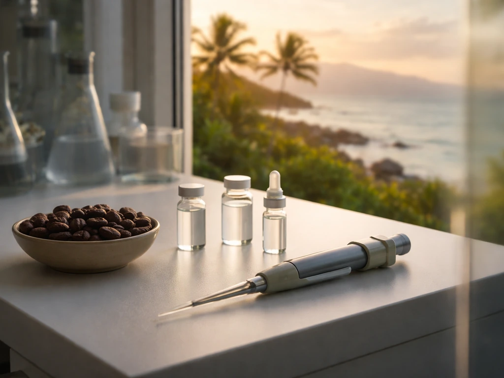 Biotech lab light with subtle West Maui landscape and cacao-themed cues, symbolizing wealth and entrepreneurship