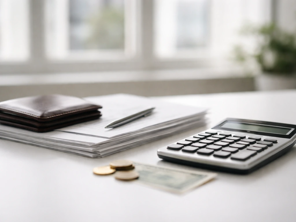 Minimal finance desk scene with cash, documents, and a calculator suggesting net worth estimate.