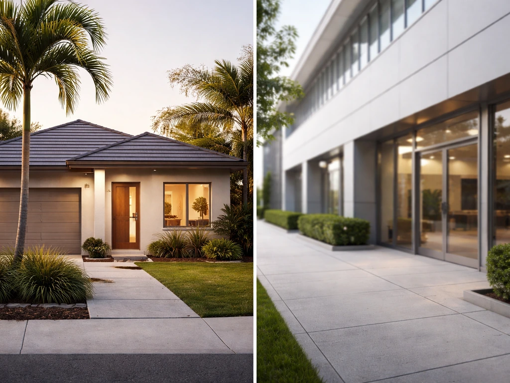 Two-panel view: tropical house exterior on the left and business storefront/office windows on the right.