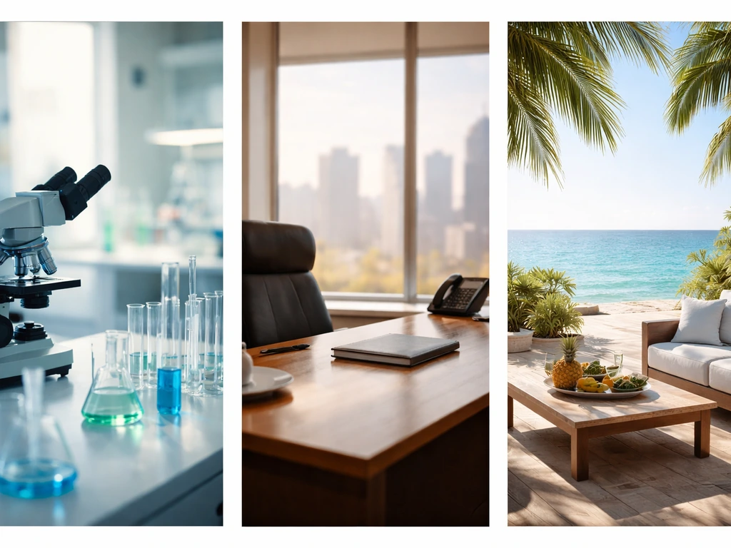 Minimal photo showing biotech lab, office leadership, and luxury home lifestyle elements in separate panels