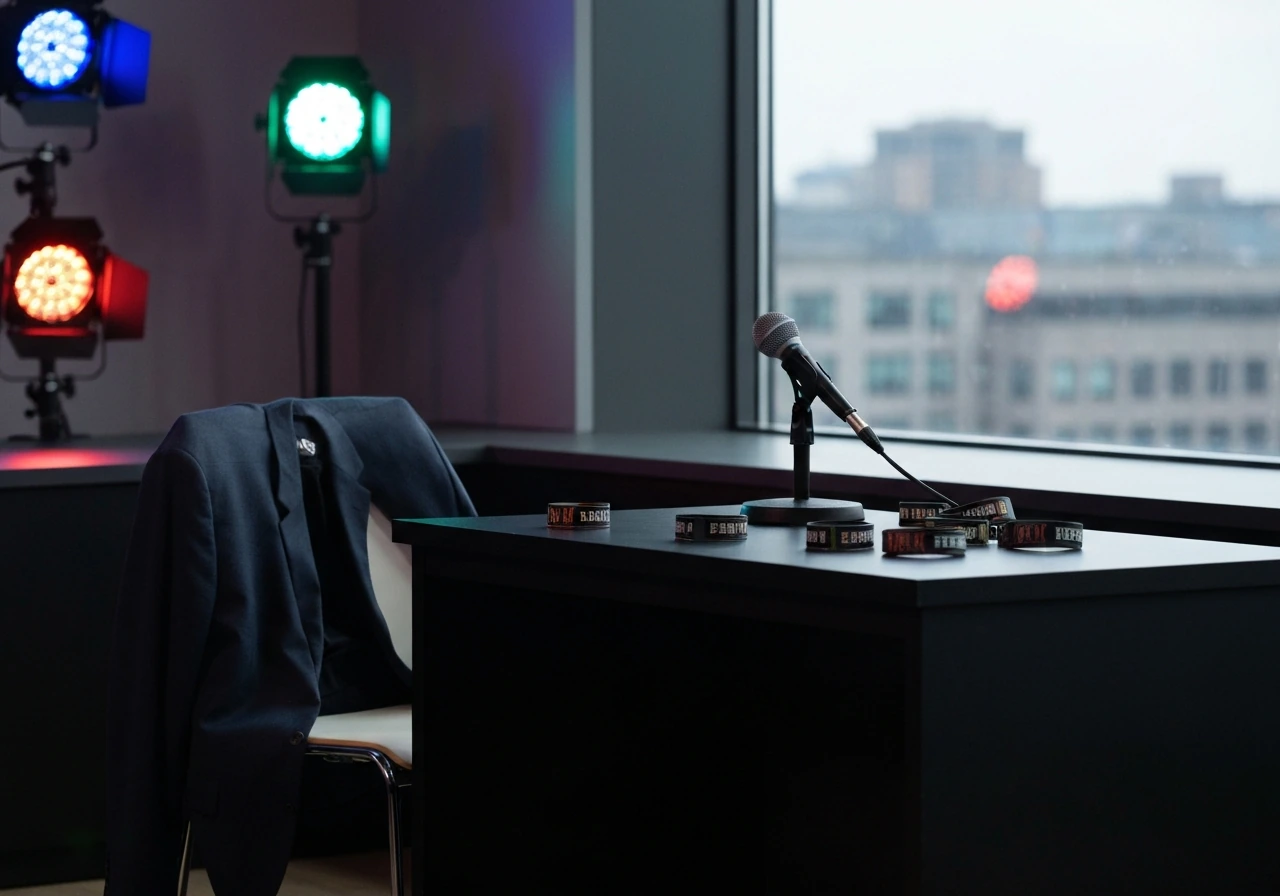 A quiet wrestling-TV studio desk with a microphone and soft lights, symbolizing a media figure behind a wrestling brand.