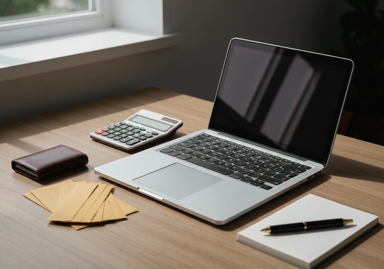 Minimal photo of a desk setup with a laptop, calculator, and neatly stacked cash-like envelopes symbolizing net worth ca