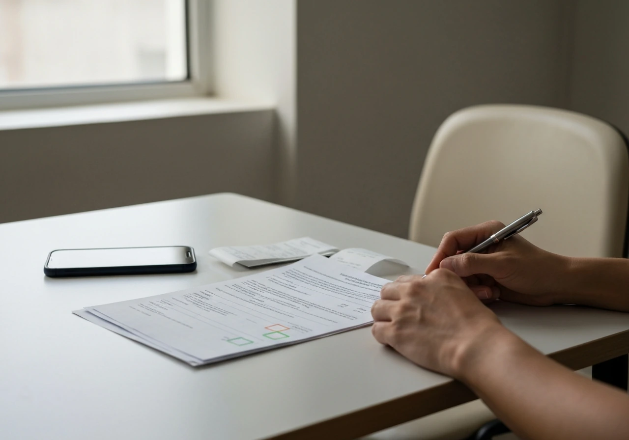 Person at a desk reviewing paperwork and receipts beside a phone, symbolizing verifying a property estimate.