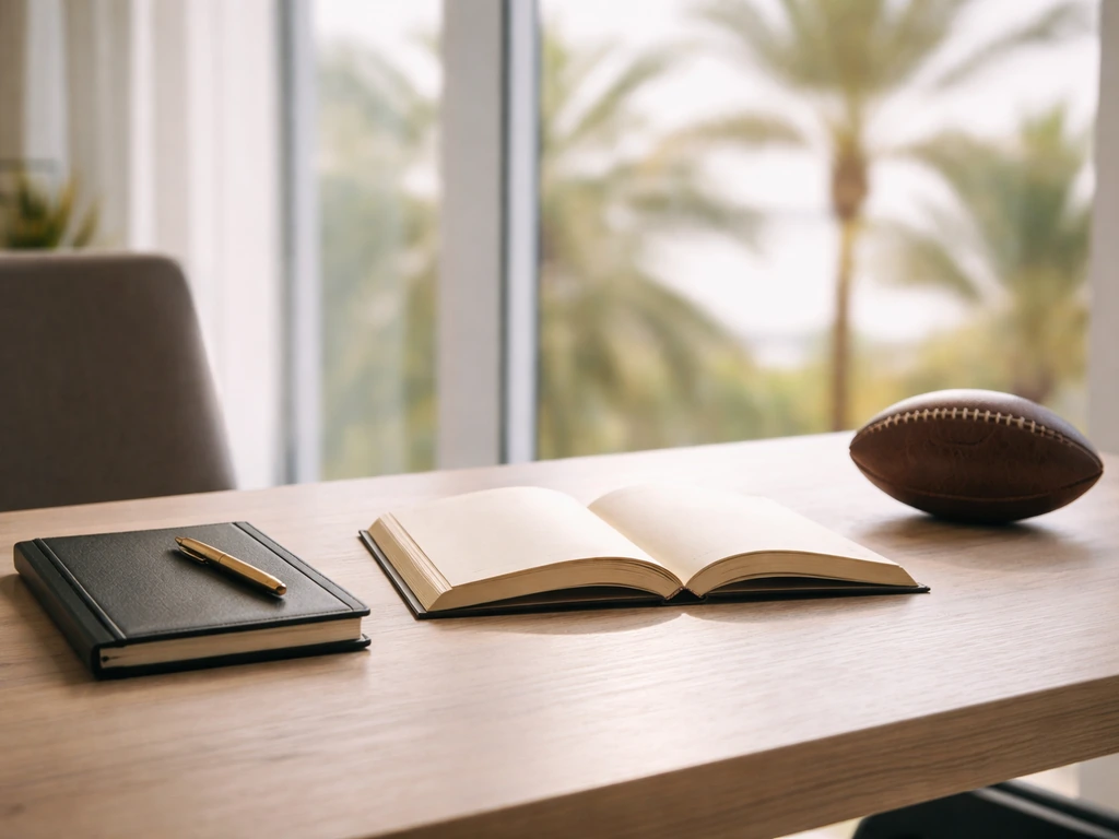 Minimal South Florida desk scene with open book and business items suggesting business and sports background