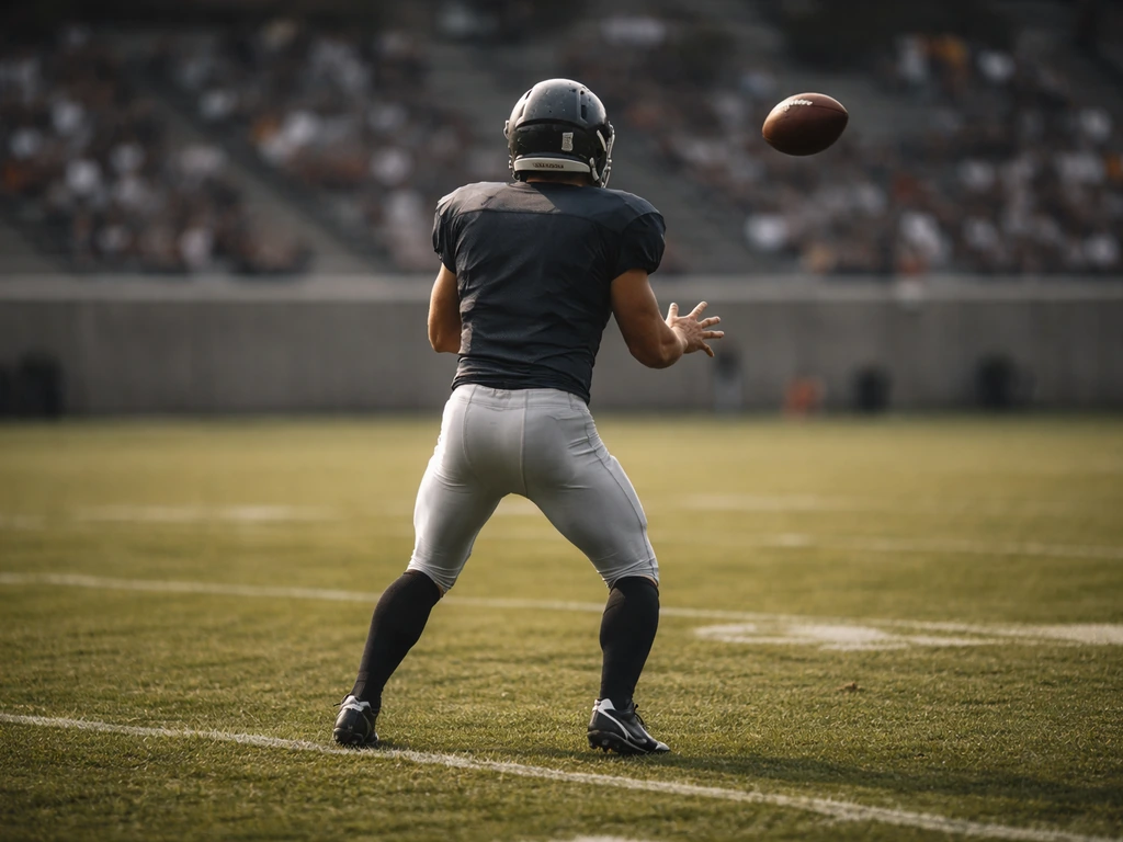 Anonymous NFL football action in a stadium, focused on a generic player and a football.