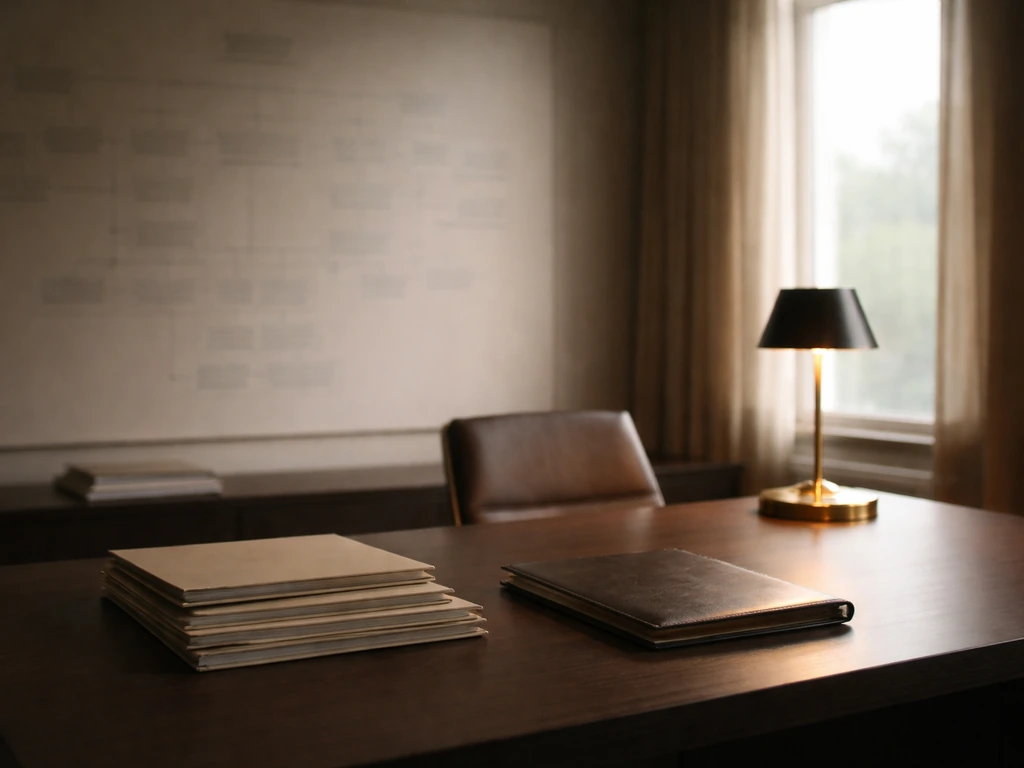 Luxury family investment office desk with folders and a blurred chart-like wall backdrop, no people.