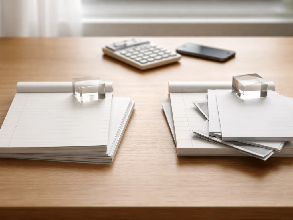 Minimal desk scene with sourced neatly bound papers on one side and messy unsourced pages on the other.