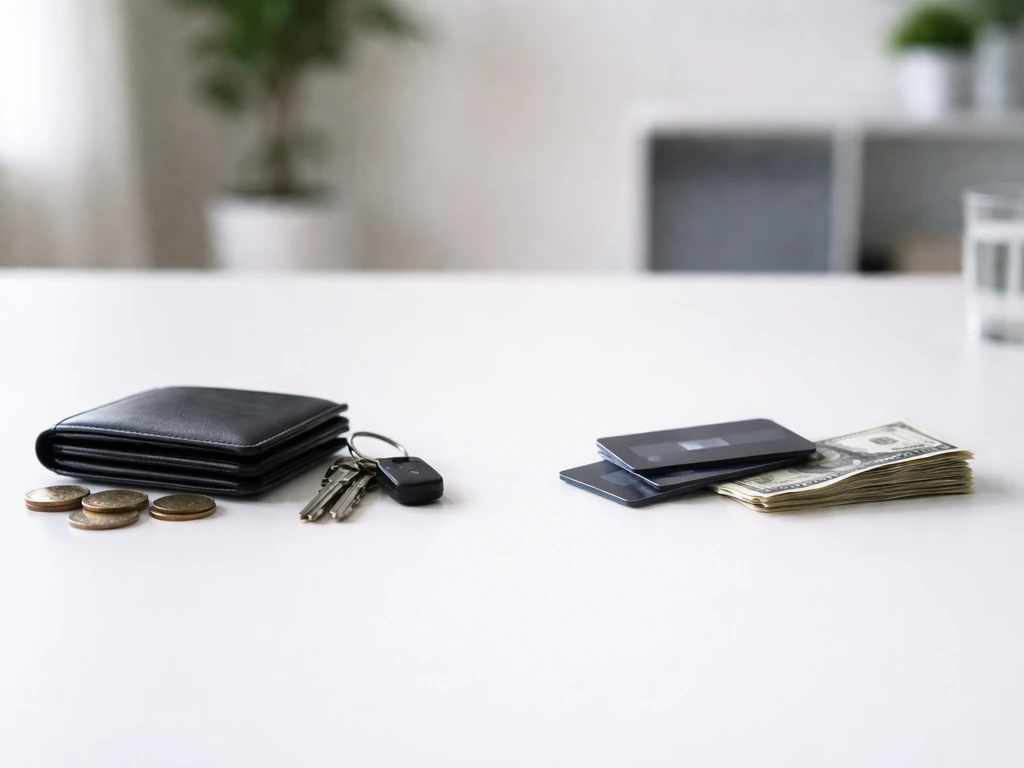 Minimal office tabletop showing coins and keys on one side and debt-like cards on the other.