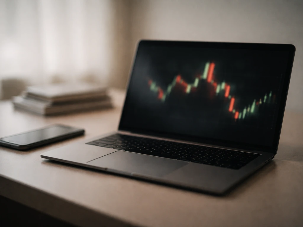 Minimal photo of a dim trading desk with a laptop showing abstract candlestick-like market movement