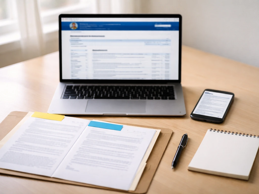 Minimal desk scene with laptop showing a blurred SEC EDGAR-like page and two filing documents (no text).