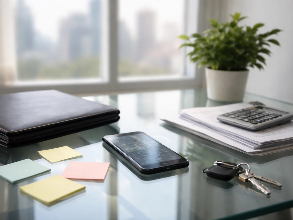 Minimal finance desk scene with blurred stock phone, calculator, and documents in soft natural light.