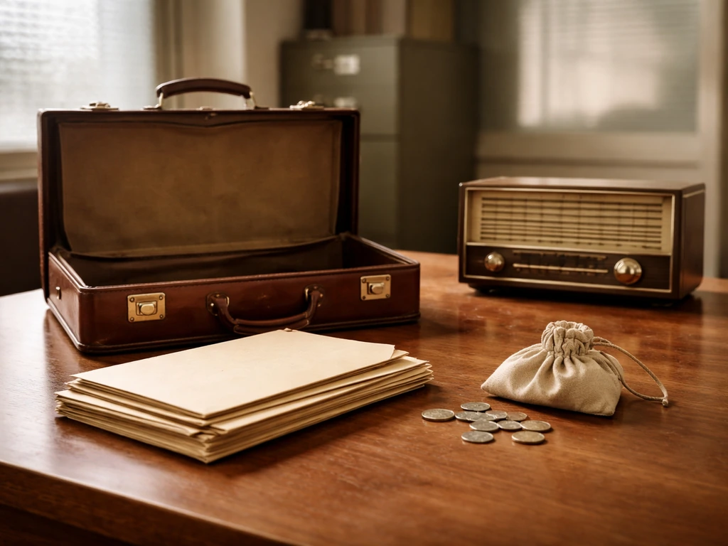 Vintage-style office desk scene with financial documents, briefcase, and a softly lit desktop radio