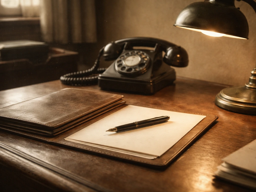 Vintage desk with an open leather portfolio, fountain pen, and rotary phone in warm sepia tones.