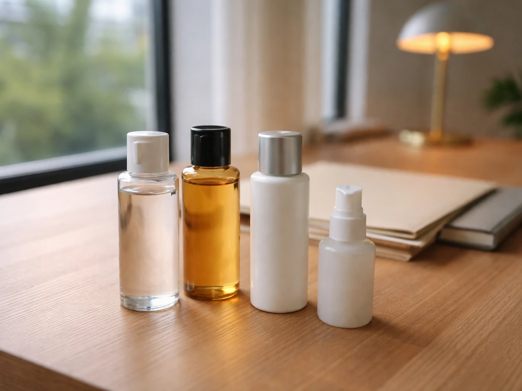 Minimal tabletop scene with skincare product bottles and a corporate office folder, suggesting brand revenue sources.