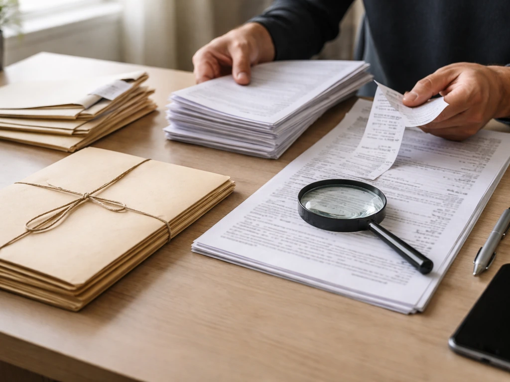 Anonymous hands reviewing paperwork with a magnifying glass on a desk, suggesting verifying net worth claims.