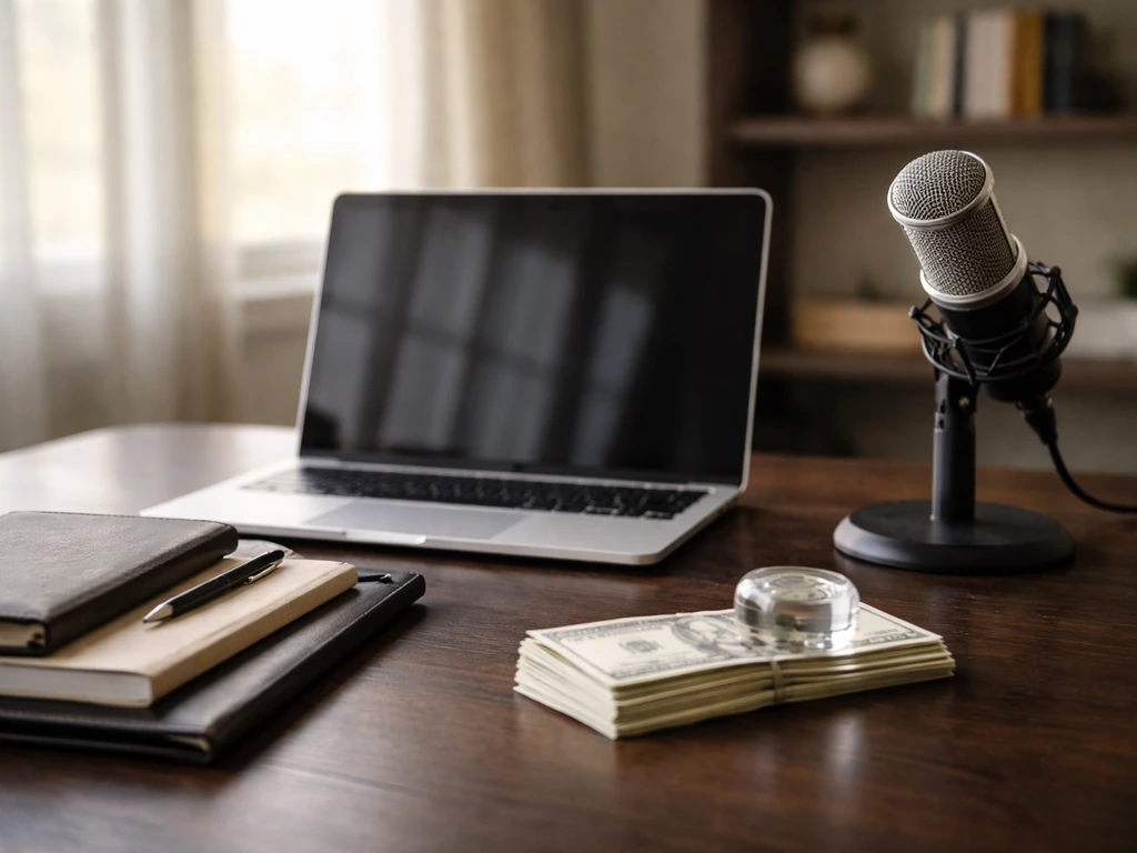 Minimal desk scene with a laptop, microphone, and cash symbols suggesting income and net worth analysis.