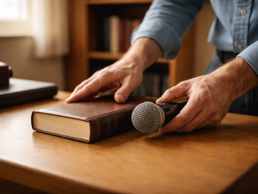 Warm church office desk with a Bible and microphone, symbolizing pastor speaking preparation