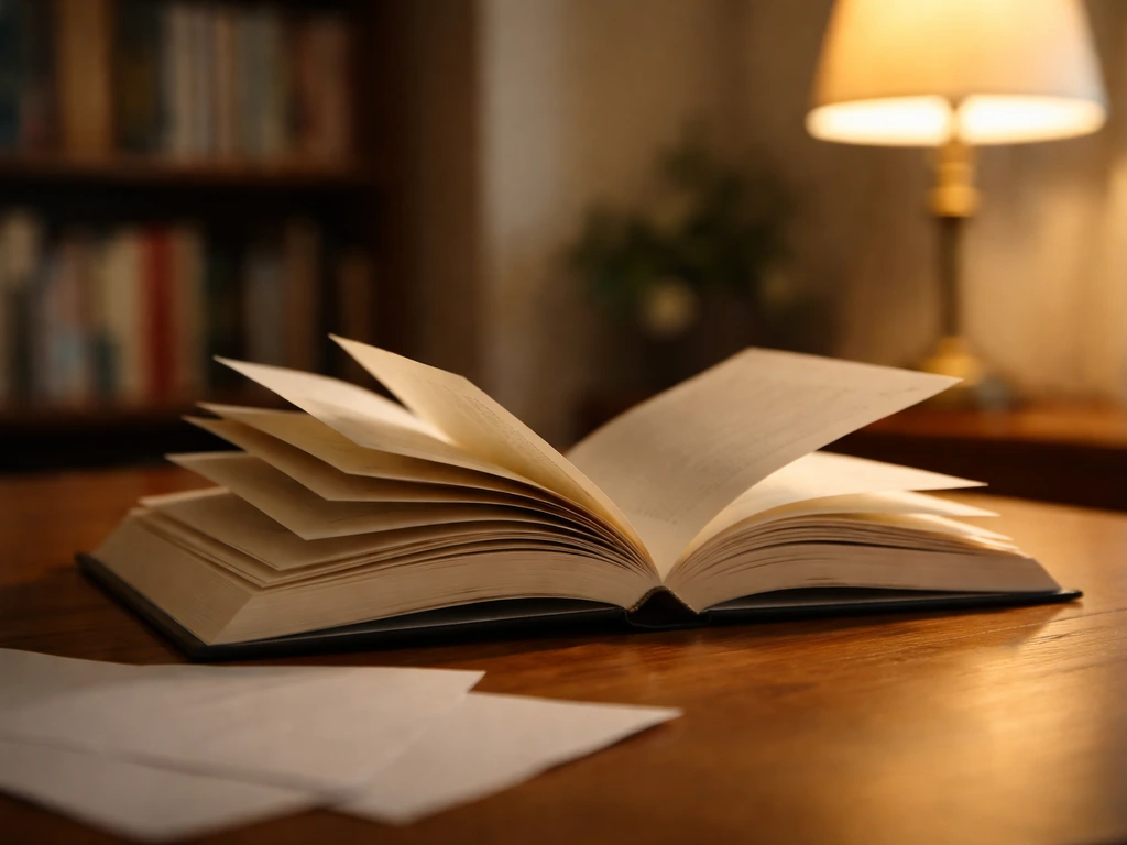Open hardcover book on a wooden desk, softly lit with blurred shelves in the background.