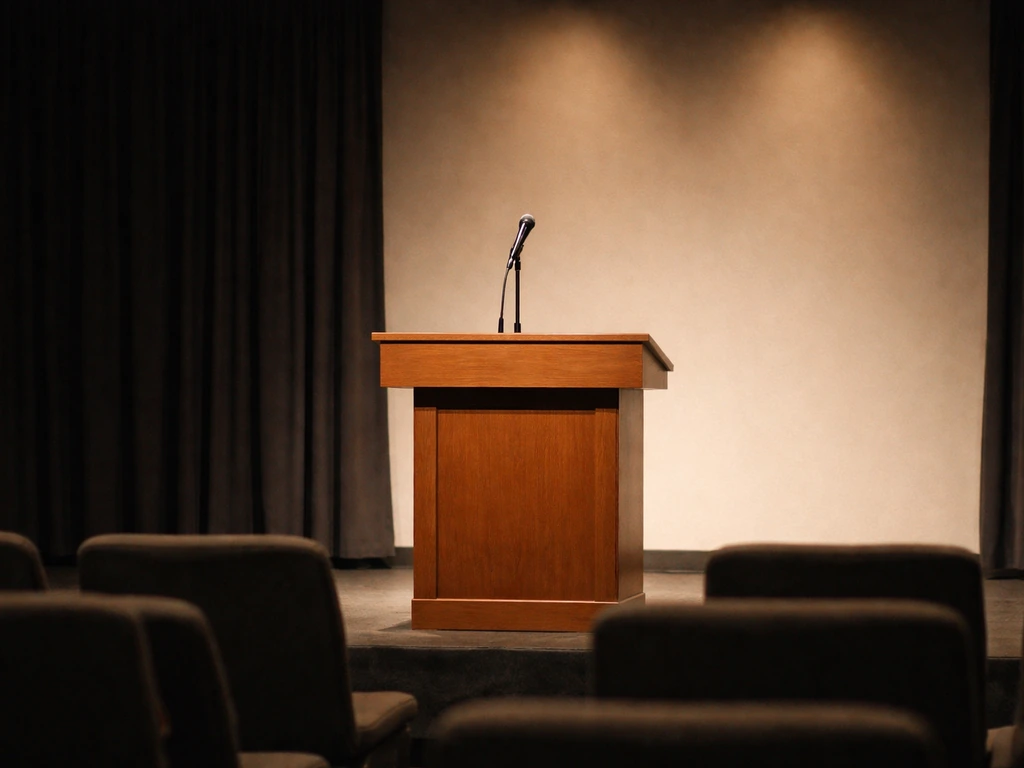 Empty conference stage with microphone and podium under warm lights