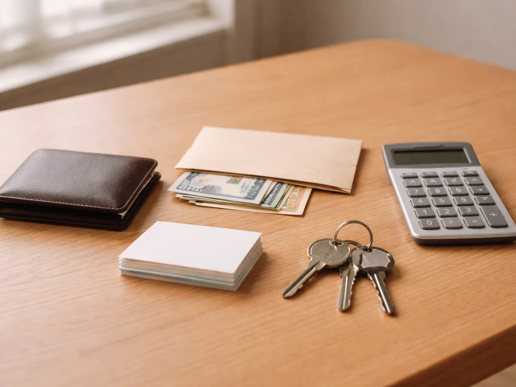 Minimal desk scene with wallet, keys, envelope, calculator, and blank cards suggesting asset categories.