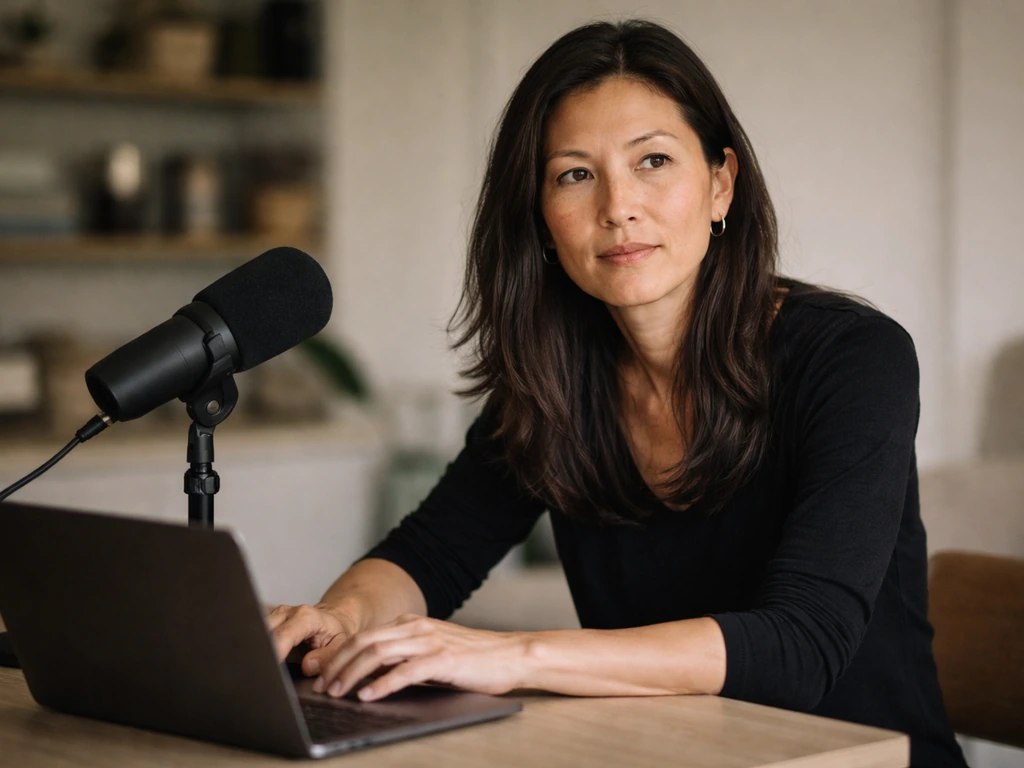 Documentary filmmaker sitting at a desk with a studio microphone in a softly lit home office.
