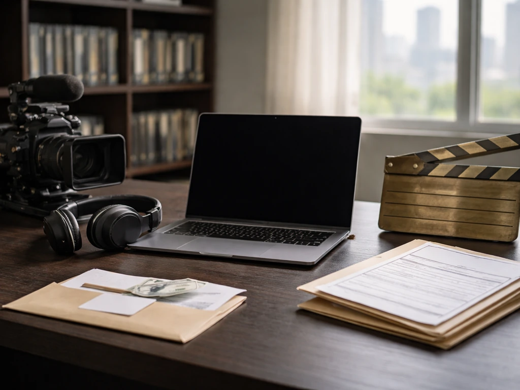 Empty documentary editing desk with camera gear, paperwork, and blank finance items, symbolizing film-based income.