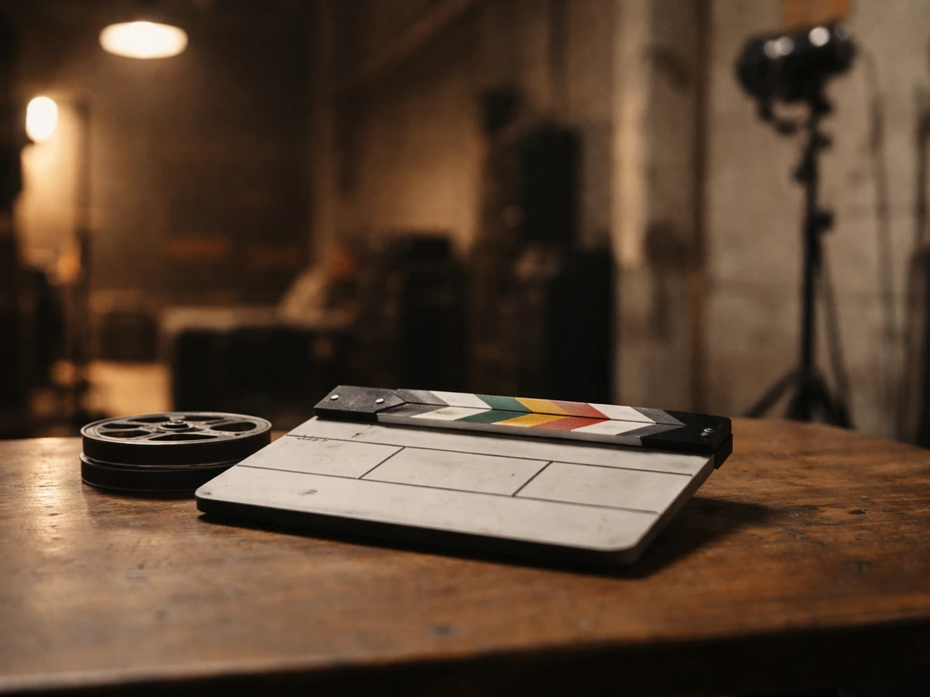 Cinematic film set scene with a clapperboard and lighting rig in a quiet, minimal warehouse.