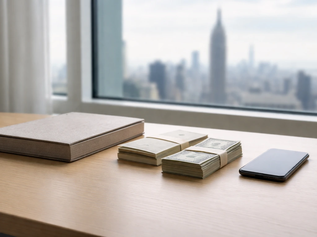 Minimal photo showing a desk with a folder and scattered cash-like envelopes beside a city view, symbolizing portfolio b