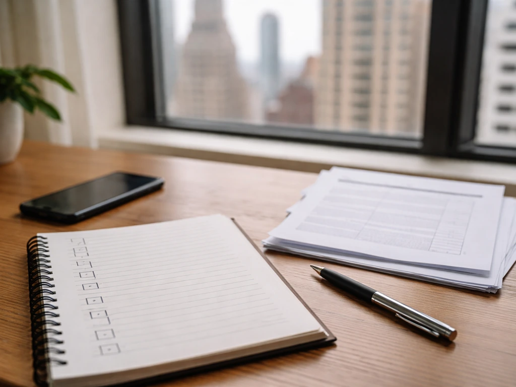 Minimal desk scene with a blank checklist, documents, and a pen, symbolizing net-worth estimate verification.