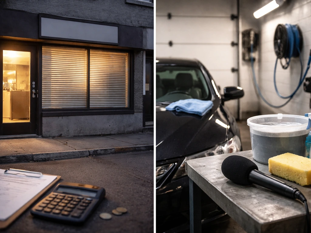 Side-by-side Quebec street and auto detailing scenes with accounting and media props to suggest name confusion.
