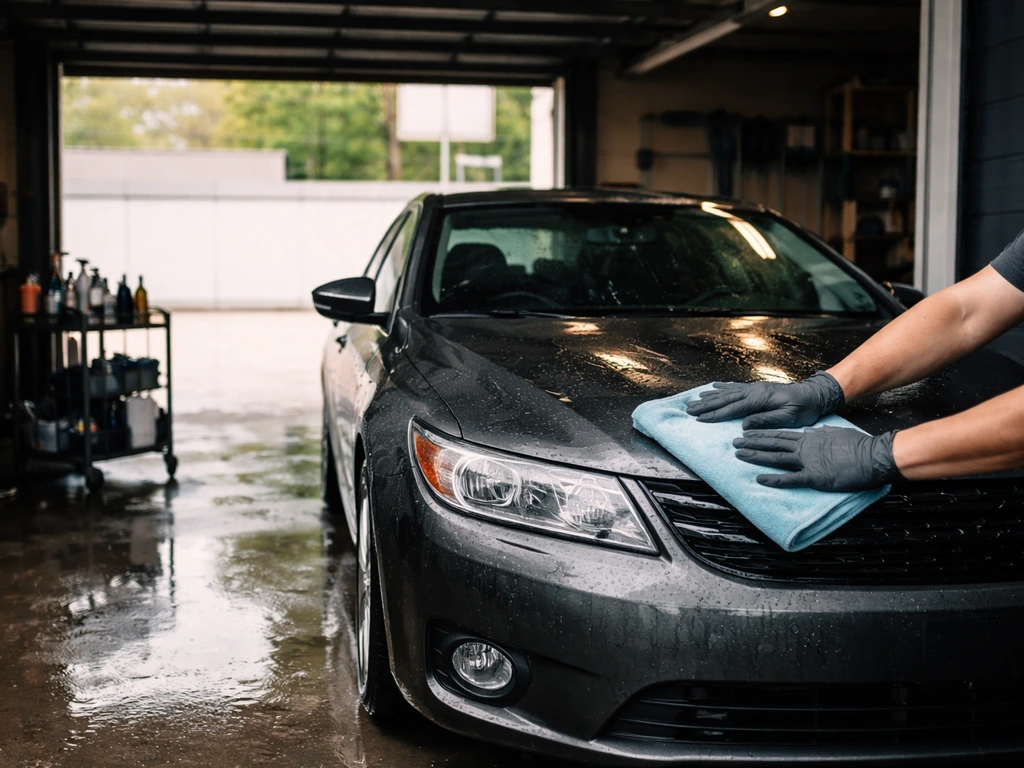 Open garage detailing bay with a washed car, wet floor reflections, and gloved hands cleaning the windshield.