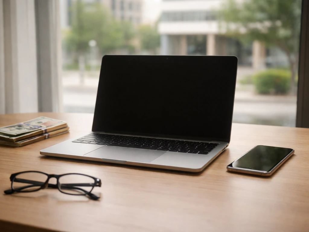 Anonymous desk with laptop, smartphone, and money on a wooden table with blurred city offices outside.