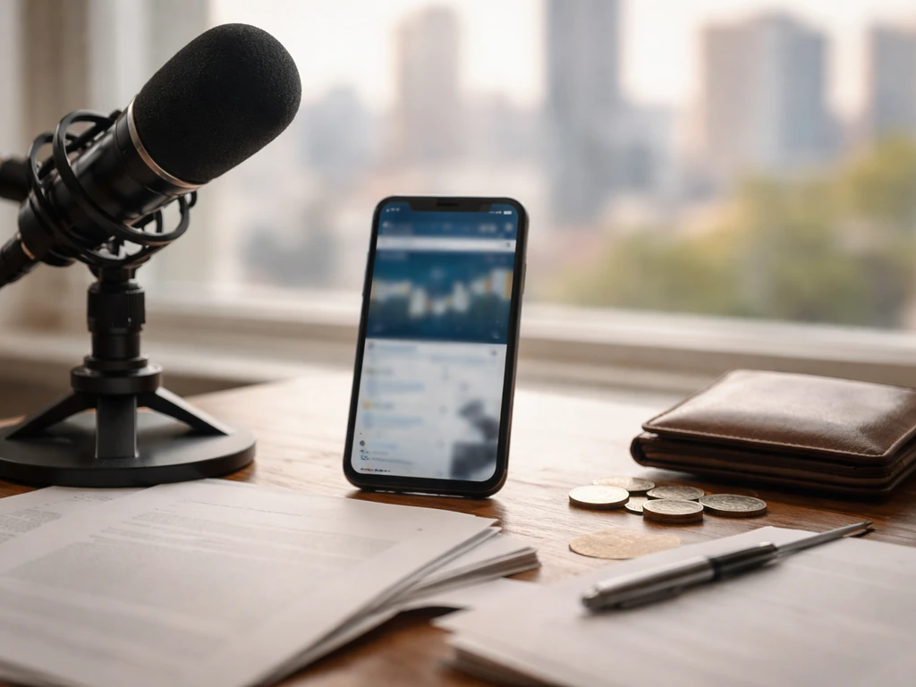 Podcast microphone on a desk with coins and blurred finance screen, symbolizing net-worth analysis