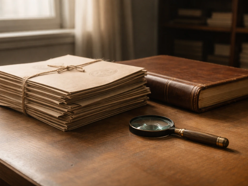 Magnifying glass over stacked archival folders on a wooden desk in soft natural light.