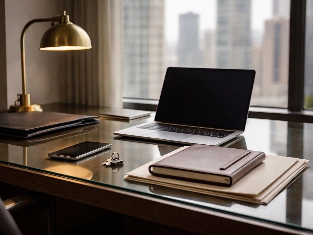 Minimal finance office scene with documents and a laptop in a quiet workspace setting
