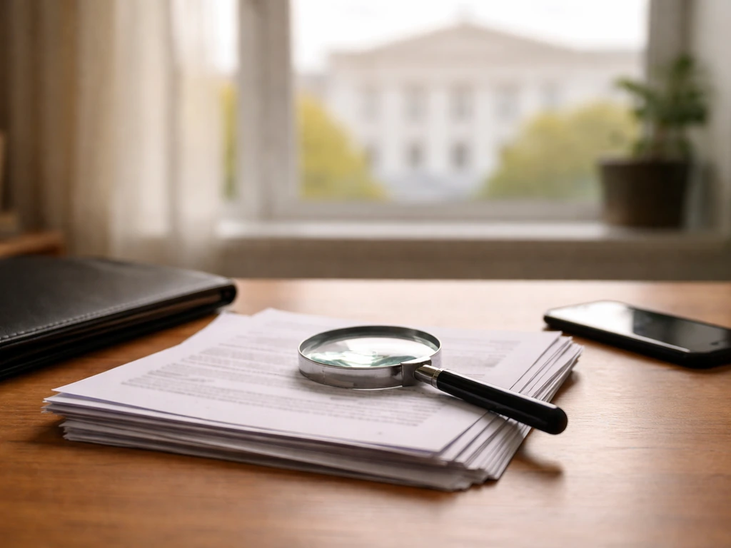 Magnifying glass over stacked documents on a wooden desk by a window, suggesting public-record verification.