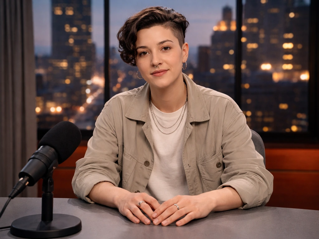 Non-binary creator in a New York TV studio interview setup with a microphone and soft studio lights