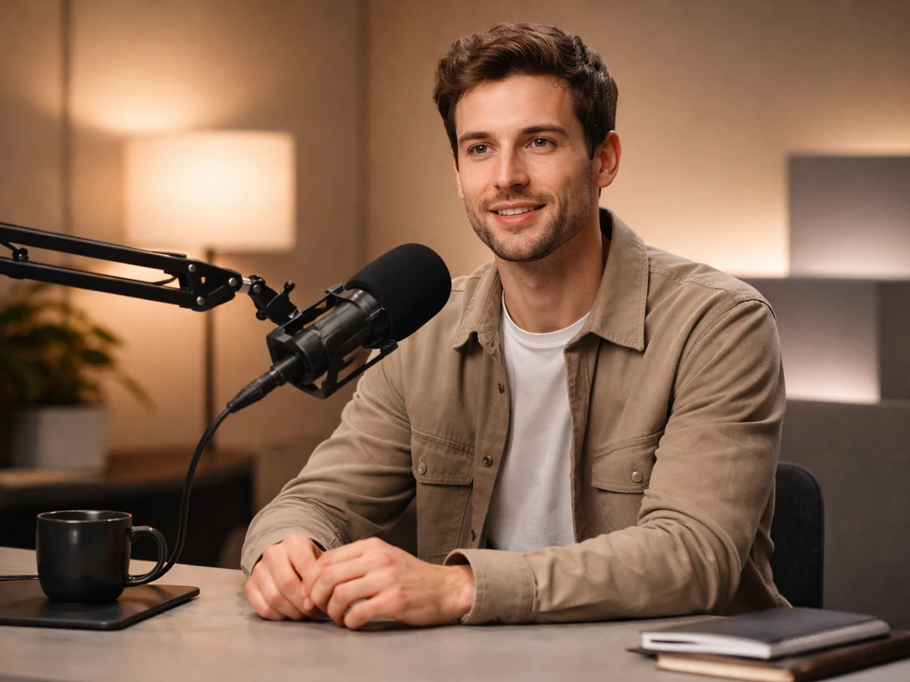 Anonymous TV host at a studio desk with a microphone, warm lighting, minimal media production backdrop.