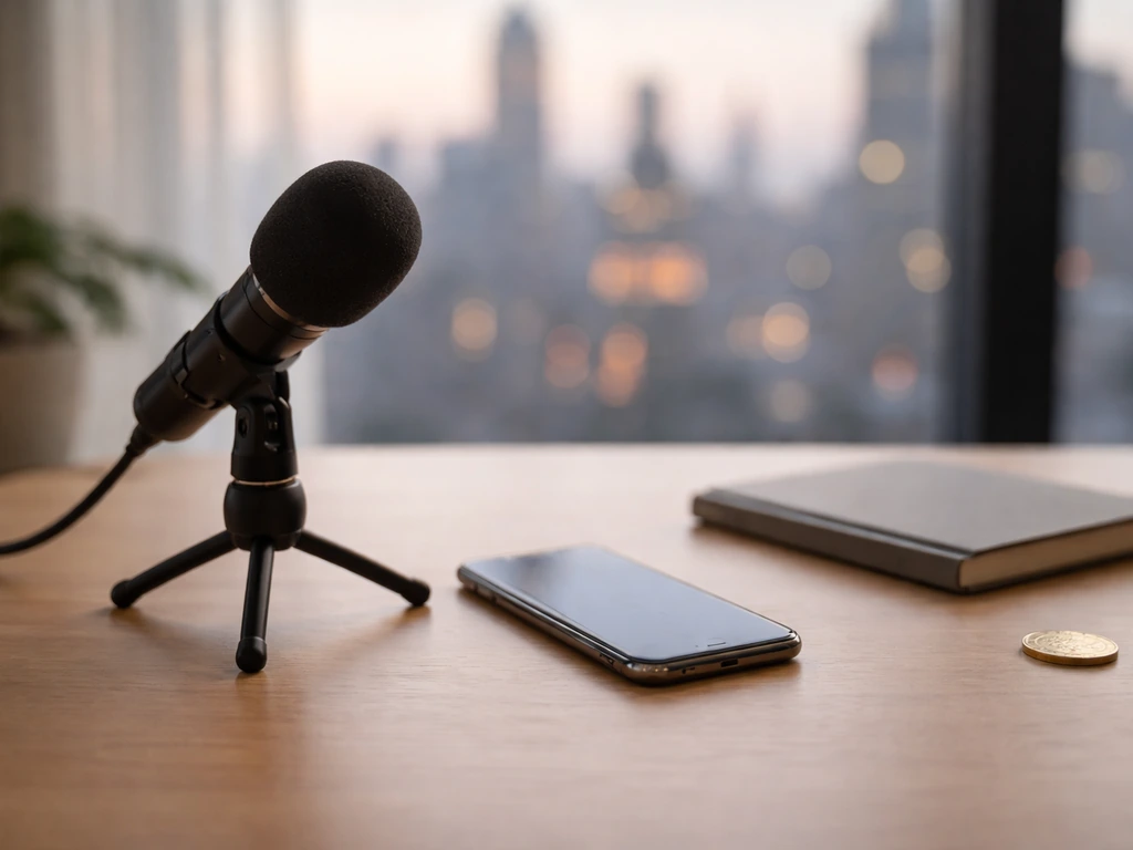 Quiet office desk with phone and microphone, symbolic coin suggesting milestones in finance and media.