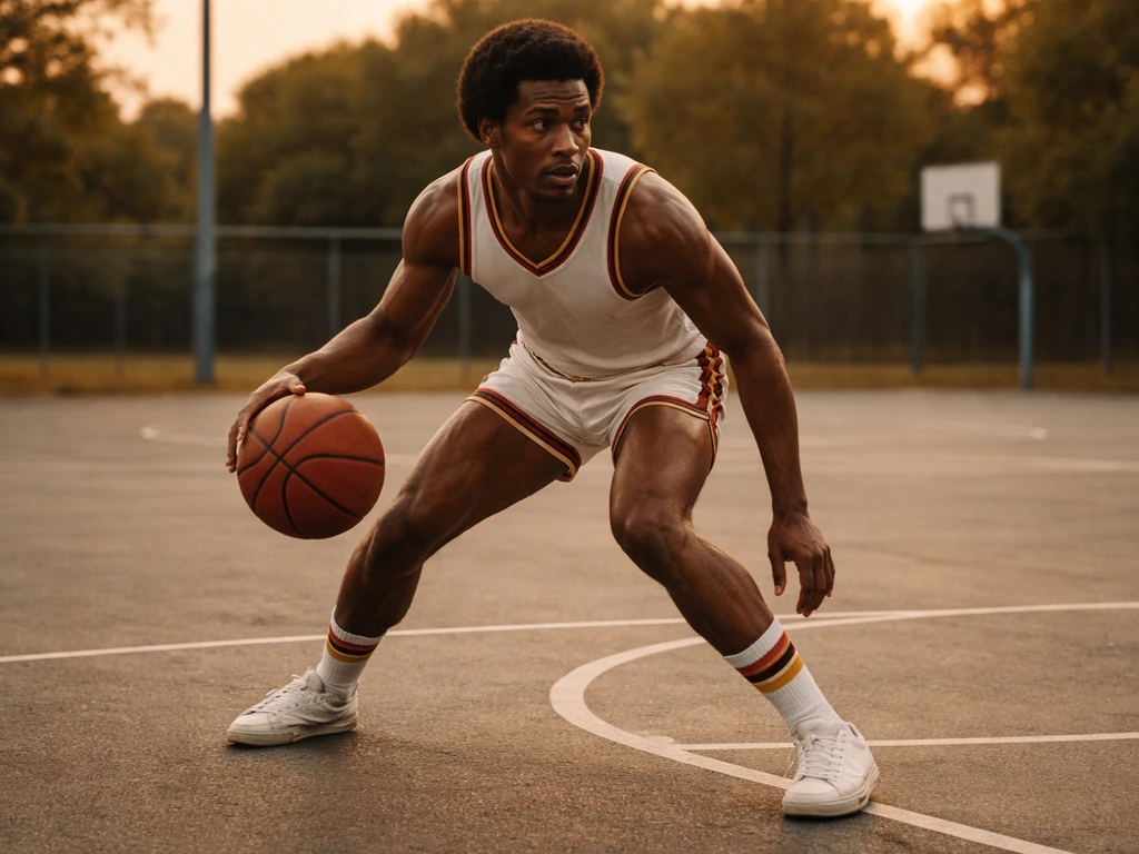Vintage basketball player in midair dribbling stance with ball, outdoors court background.