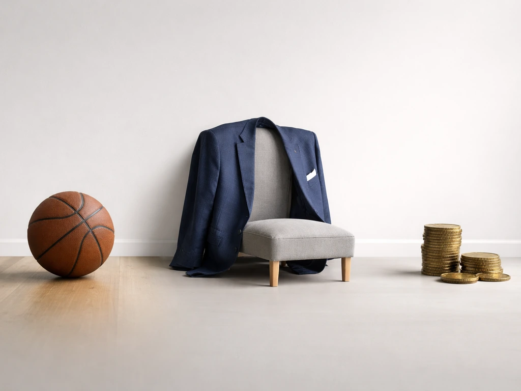Three symbolic objects in a left-to-right timeline: basketball, suit jacket, and gold coins.