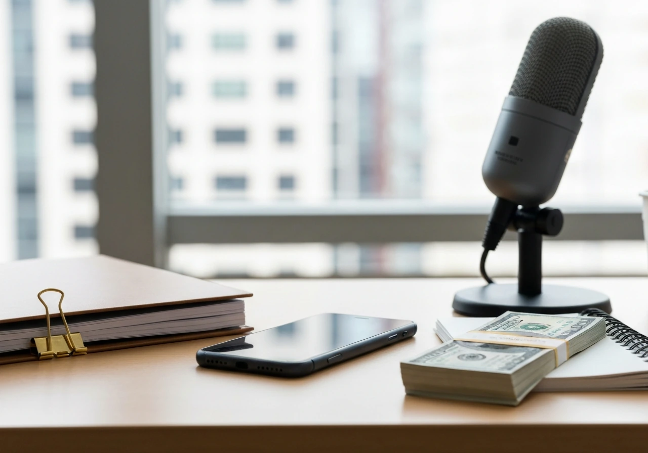 Desk scene with contract folder, microphone, and cash symbolizing income categories
