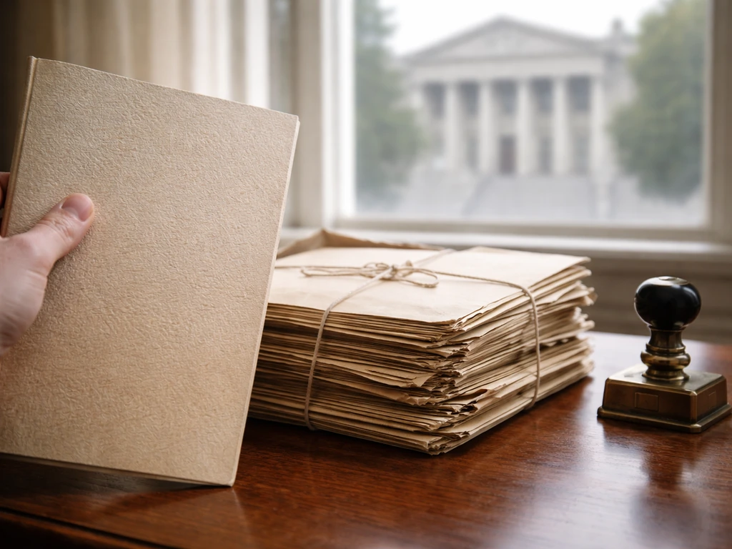 Close-up of anonymous hands and a stack of probate record folders on a desk near a courthouse view.