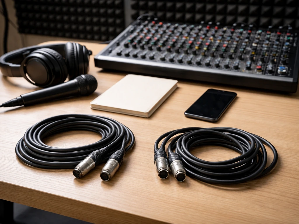 Minimal recording-studio desk with mixing console, headphones, microphone, and cables suggesting name mix-ups.