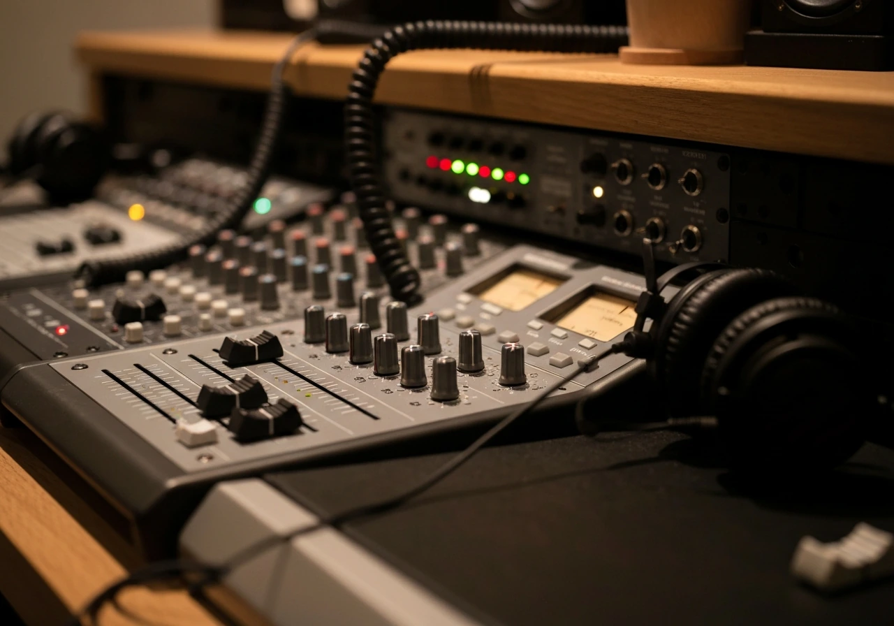 Close-up of recording studio mixing gear and headphones, showing professional production and engineering work.