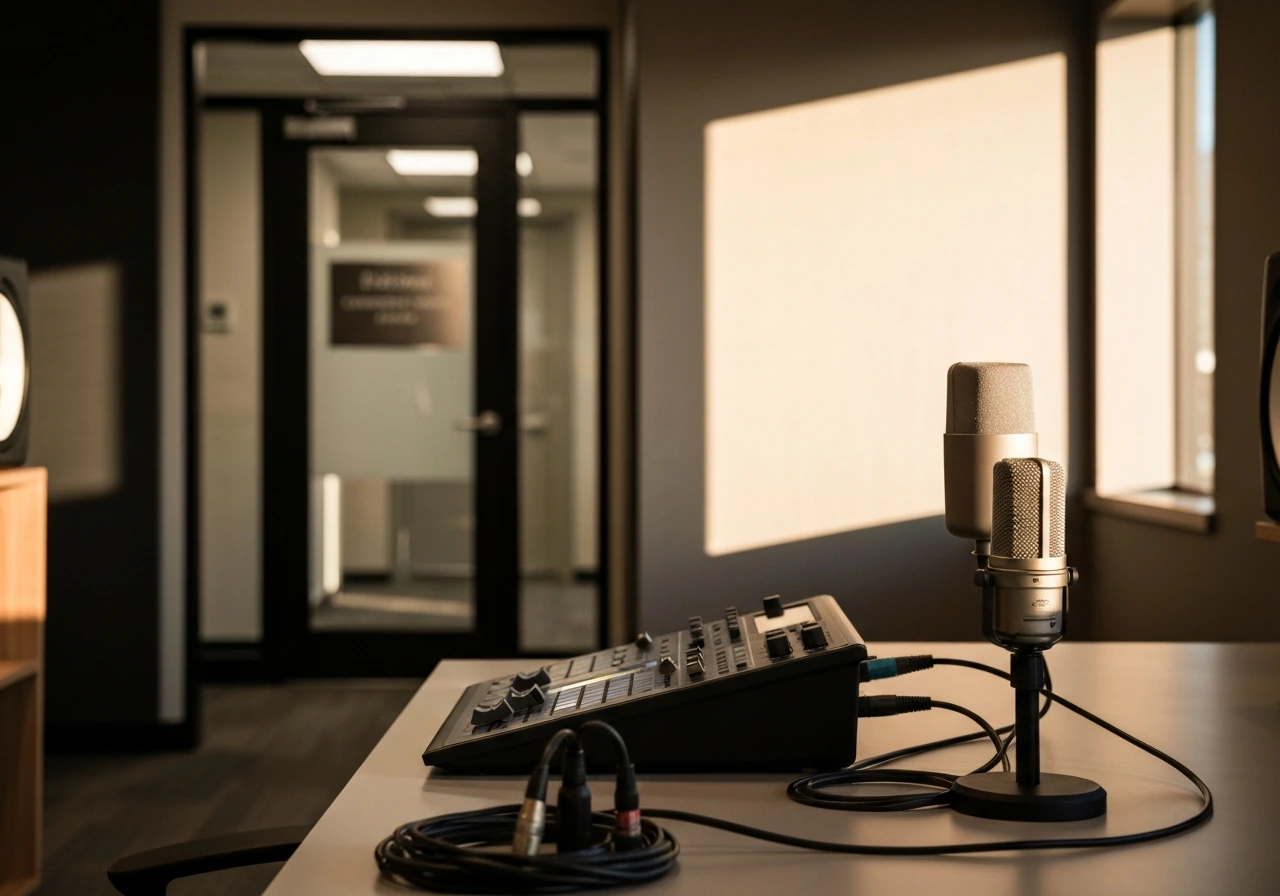 Minimal audio studio desk with microphone and mixing controller in warm natural light.