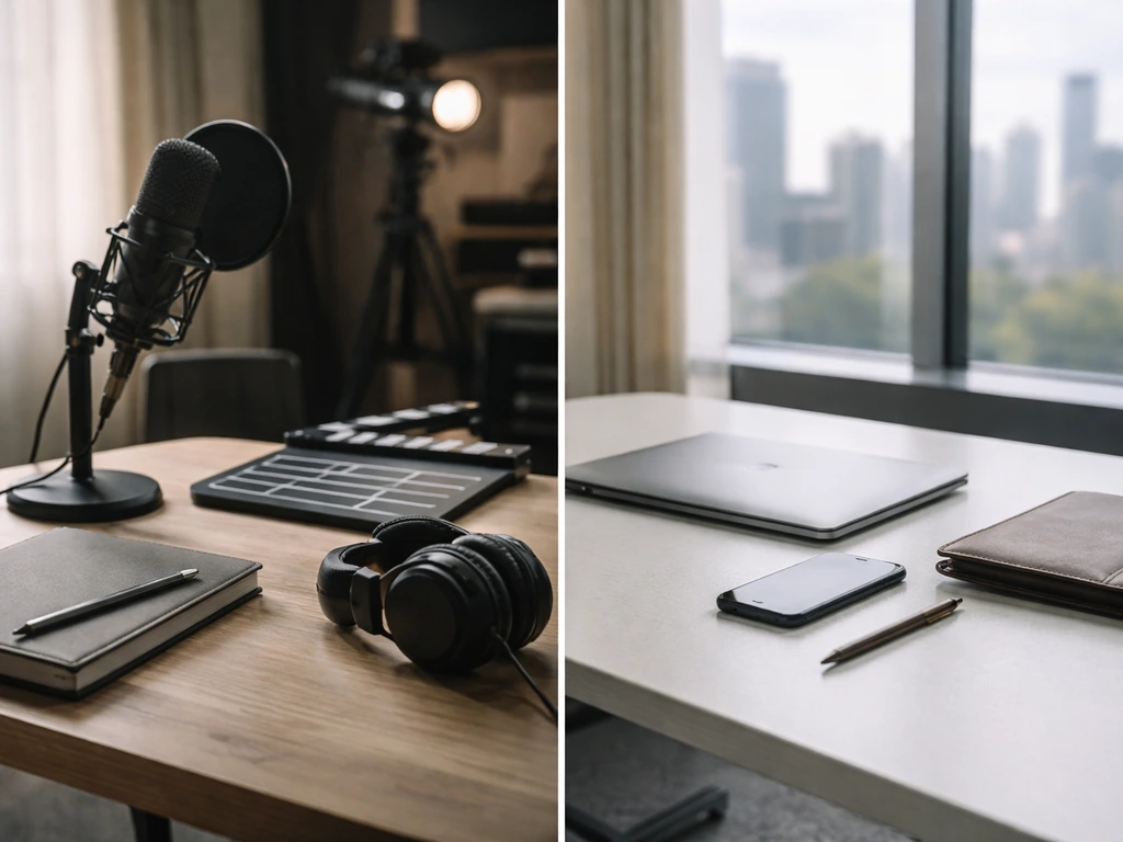 Split-scene style image showing a filmmaker-themed studio desk and a separate finance/business setting