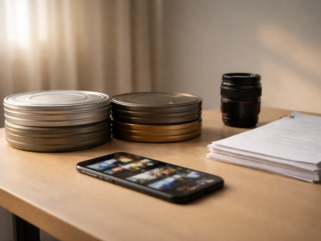 Minimal studio desk with three stacked film canisters and a smartphone showing blurred media thumbnails, symbolizing car