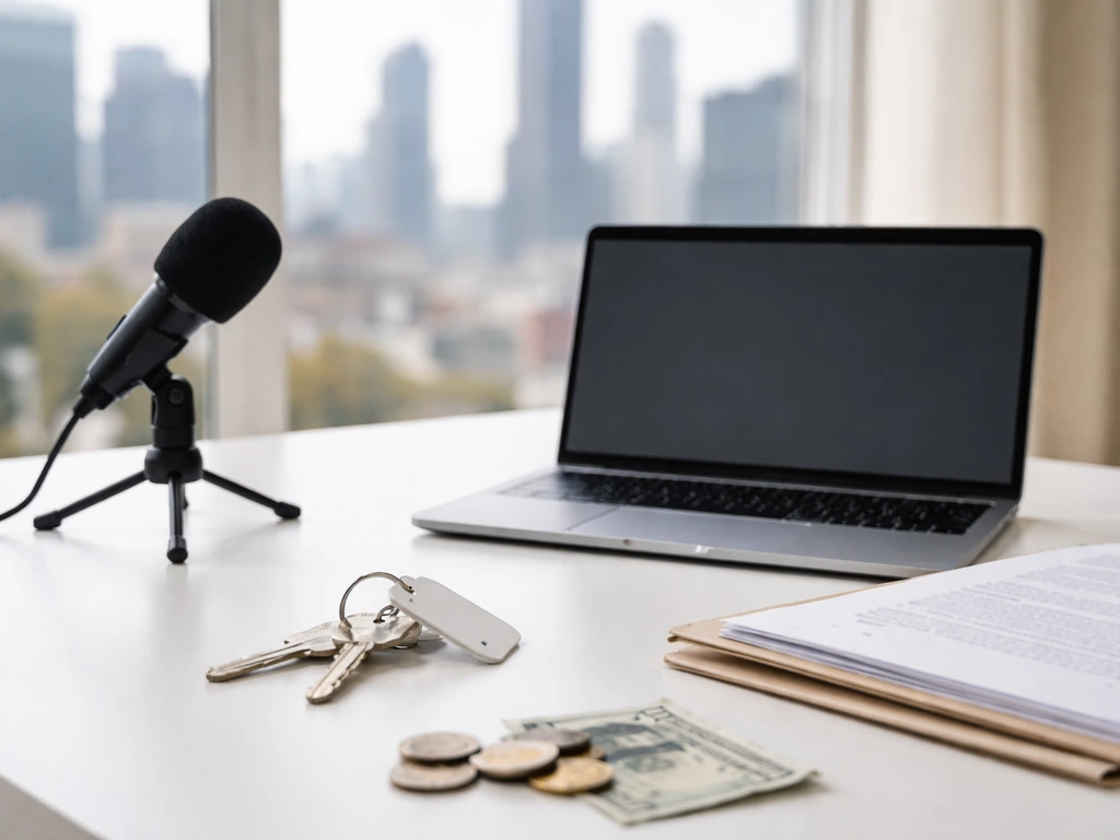 Minimal office desk with scattered money icons, media gear, and property keys suggesting asset categories